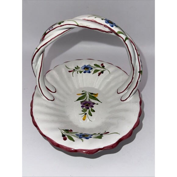 Hand Painted Portugal Pottery Basket with Braided Handle-Signed - Picture 4 of 7
